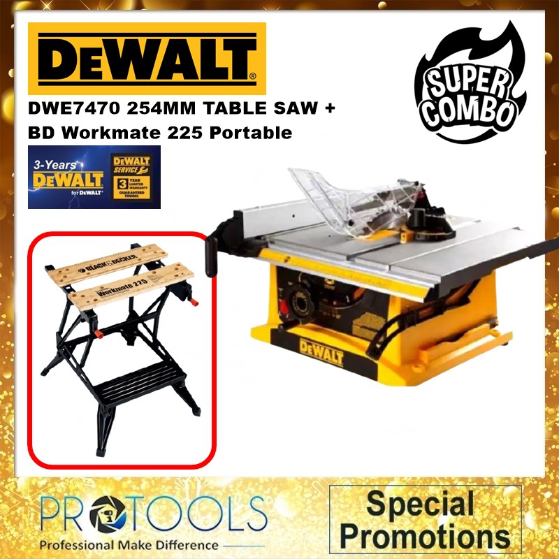 DEWALT DWE7470B1 1800W 10 Inch 254mm Table Saw + BD Workmate 225