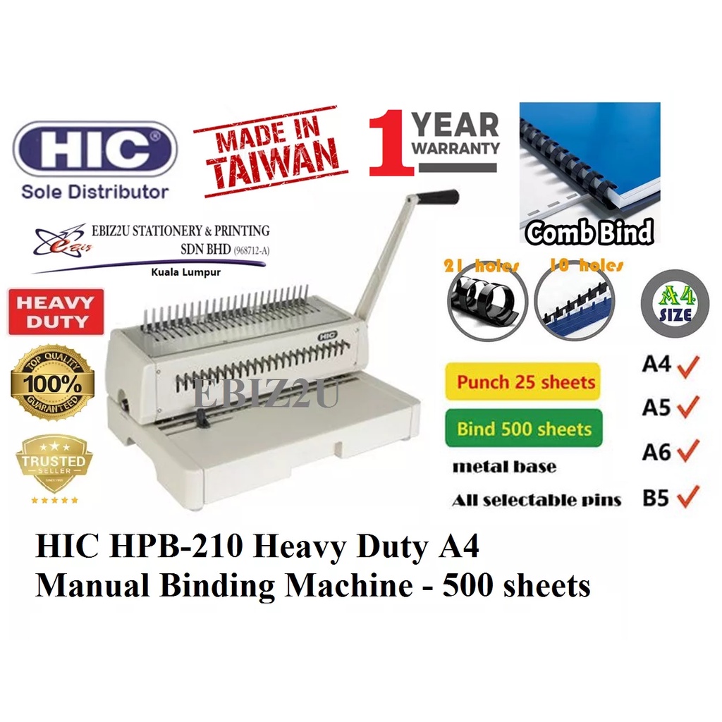 HIC HPB210 Heavy Duty A4 Manual Comb Binding Machine (binding