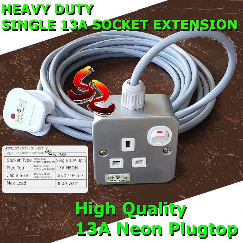 Buy Heavy Duty Metal Clad 1 Gang Socket Extension Wire 13A Single