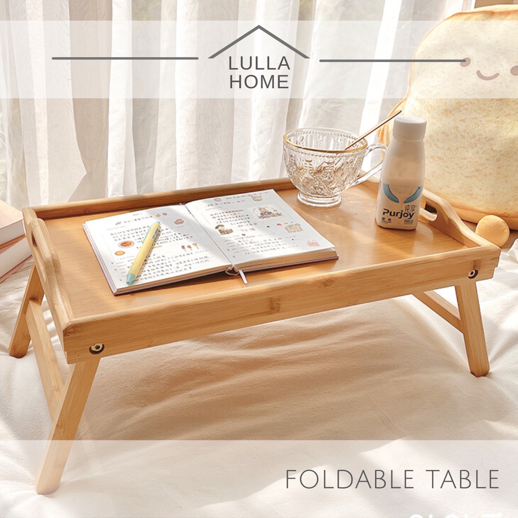 LullaHome Lightweight Aesthetic Foldable Bamboo Wood Bed Table Portable