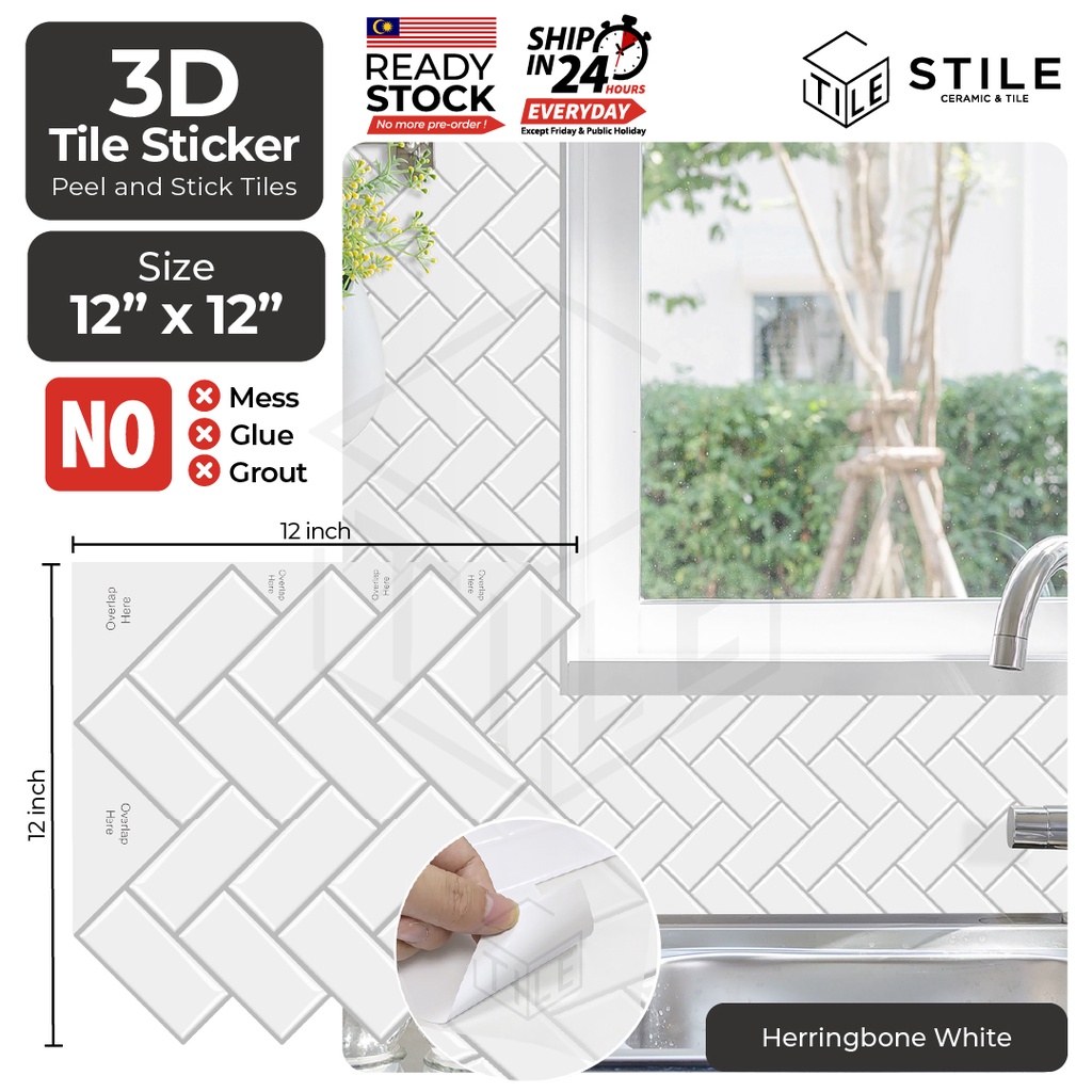 Herringbone White 3D Tiles Sticker Kitchen Bathroom Wall Tiles Sticker
