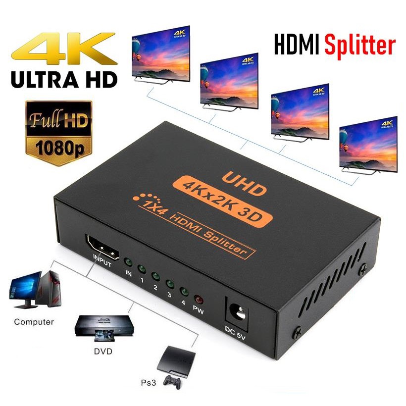 4K HDTV Splitter 1X4 4 Ports Full HD 1080p Repeater Amplifier Hub HDTV