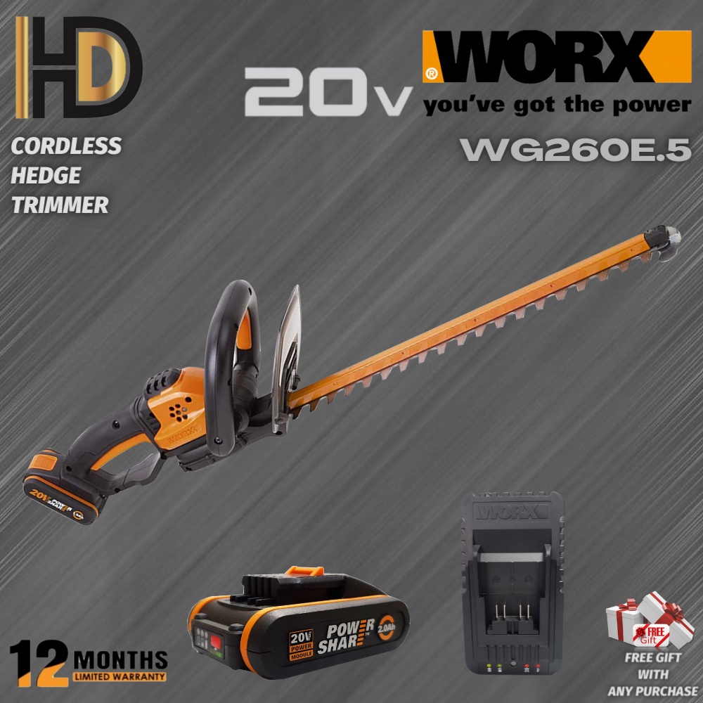 WORX 20V WG260E.5 Cordless 61CM Hedge Trimmer / Leaf Cutter / Brush