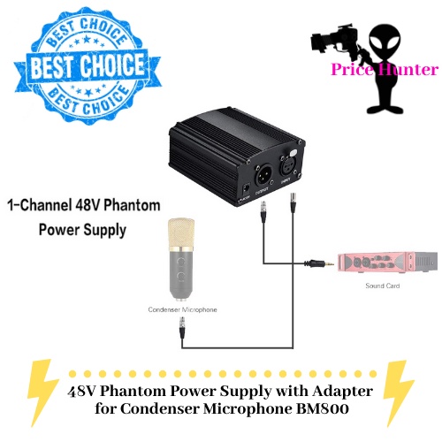 48V Phantom Power Supply with Adapter for Condenser Microphone BM800