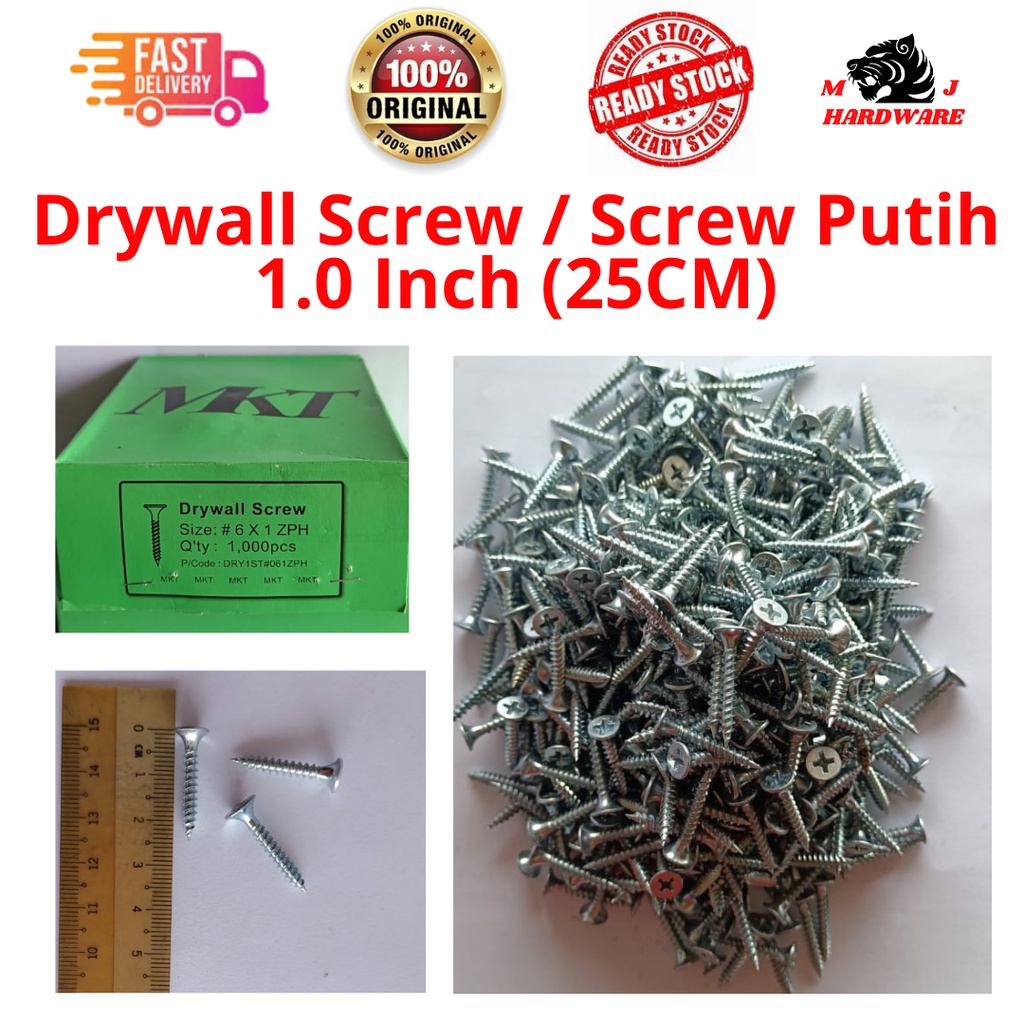 100, 250, 500pcs 06X1" (25CM) MK WHITE DRYWALL SCREW CEILING PLASTER SCREW CHIPBOARD SCREW SKRU