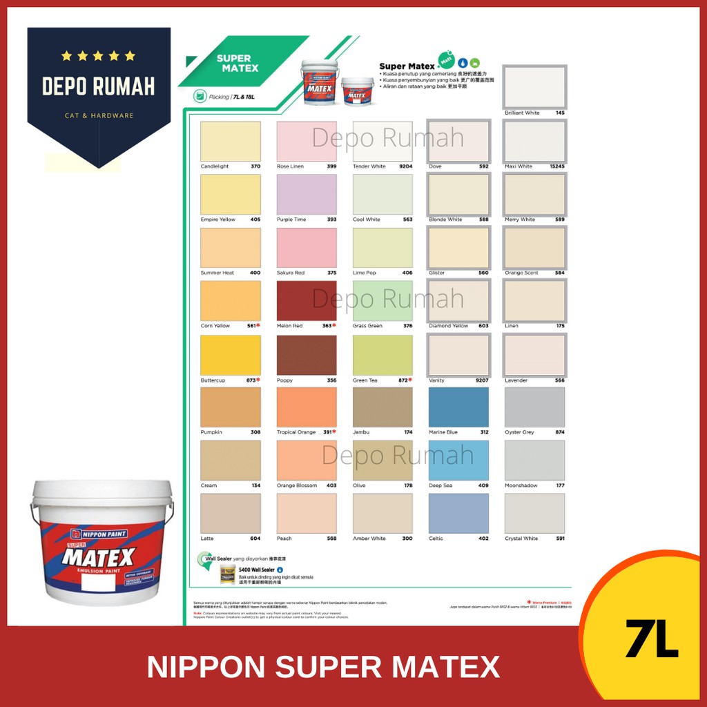 7Litre Nippon Paint Super Matex Colour Emulsion 7L (Cat Dinding Nippon