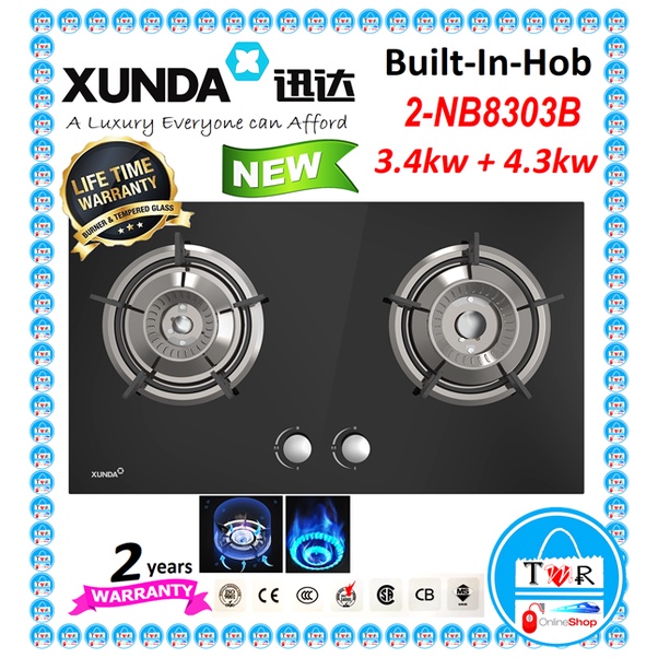 Xunda Tempered Glass Gas Stove Build In / Table top with 2 Burner Stove