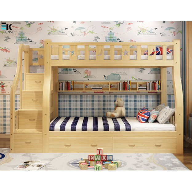 Solid Wood Double Decker Bunk Bed with Drawers Katil Atas Bawah Tangga