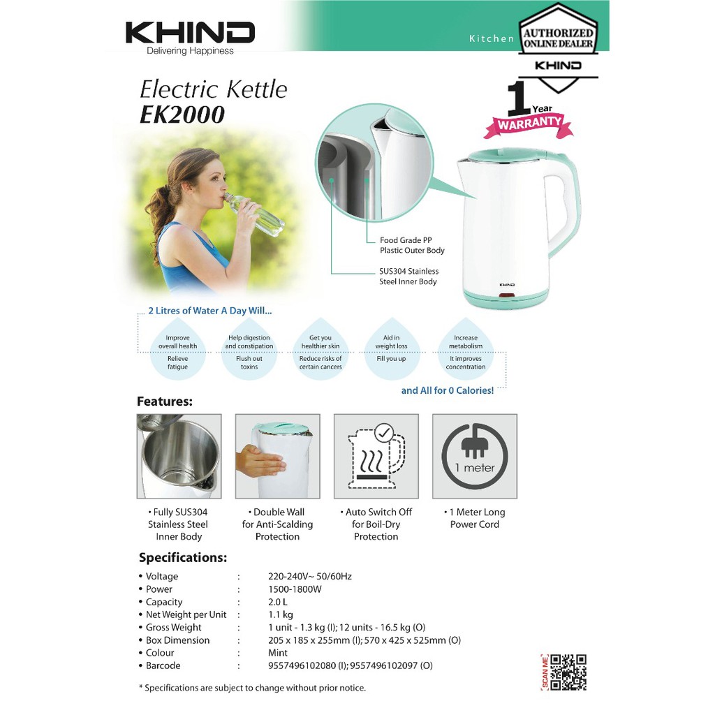 Khind Electric Jug Kettle 2L EK2000 Stainless Steel Inner Body Shopee