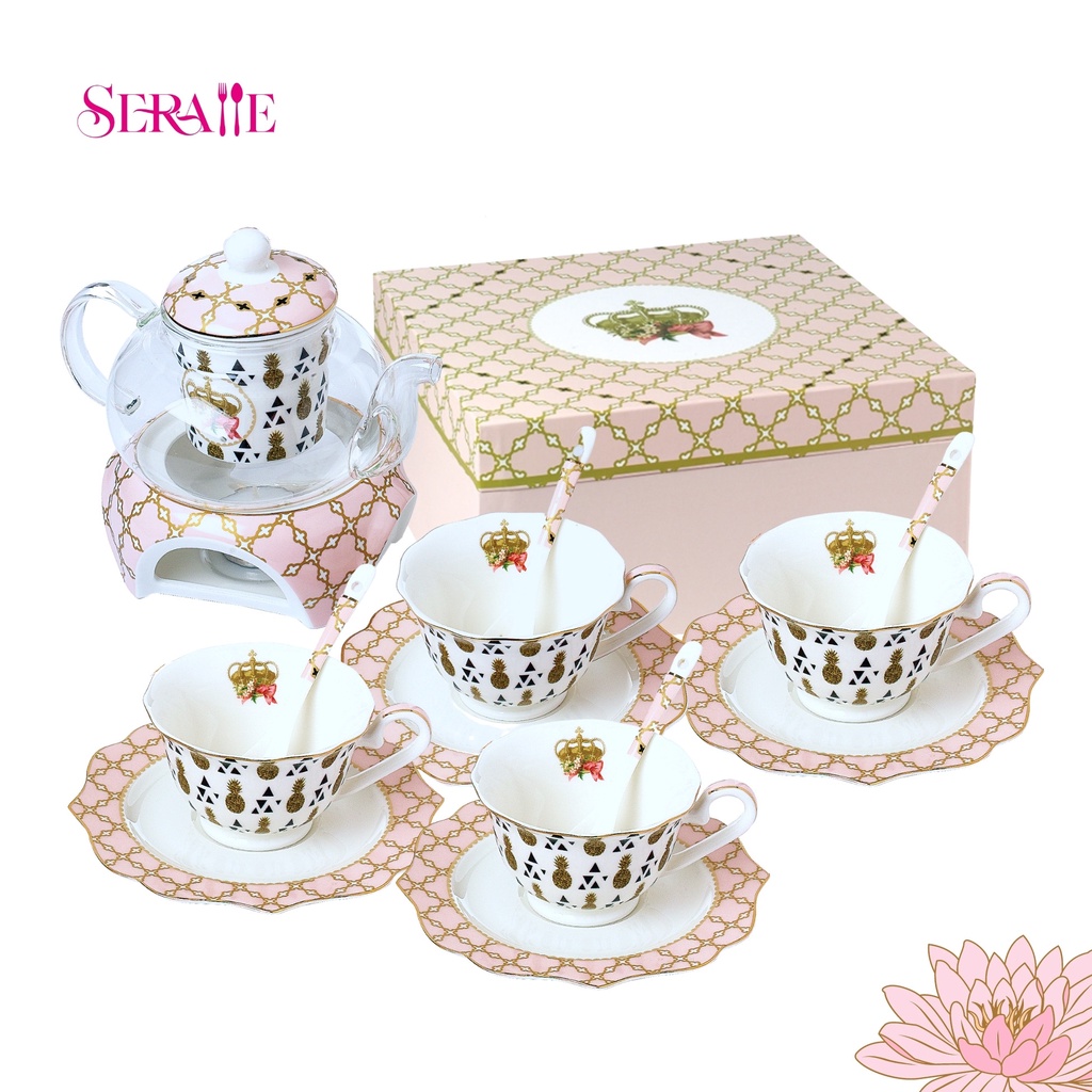 Seralle English Tea Pot Set Teapot Warmer Filter 4 Cups European Teaset Royal Crown English Cup