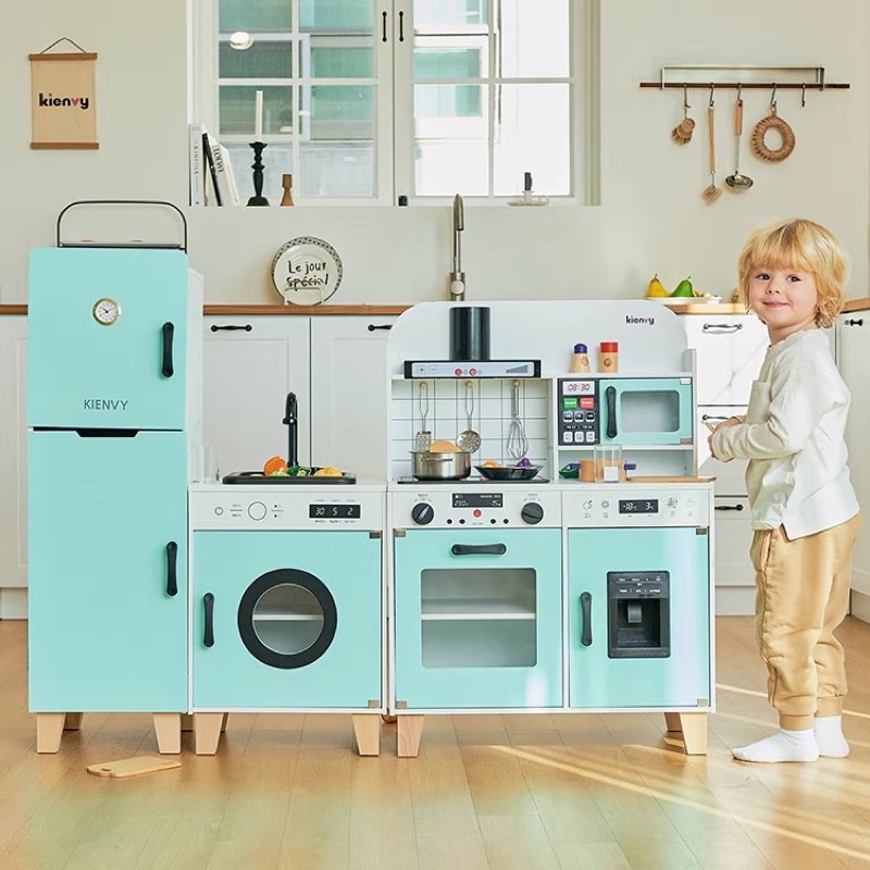 European Children Wooden Kitchen Playset Kids Pretend Play Fridge Water