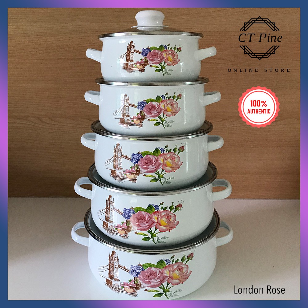 Enamel 5 beradik [London Rose] / 10pcs set Cookware with Glass Lids