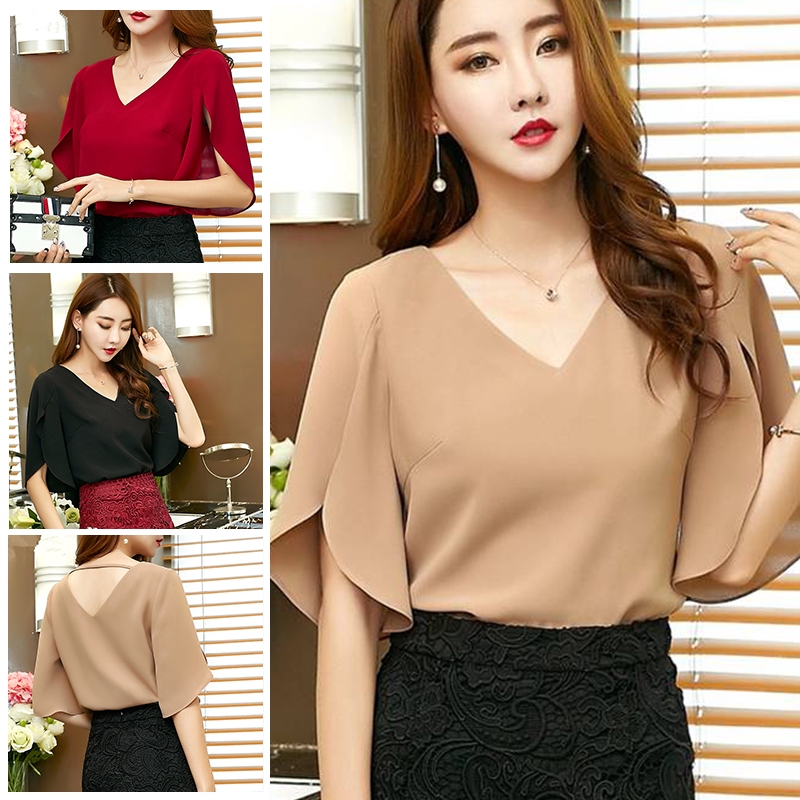 ReadyStock S2XL Slit Ruffle Sleeve Chiffon Blouse Short Sleeve Women