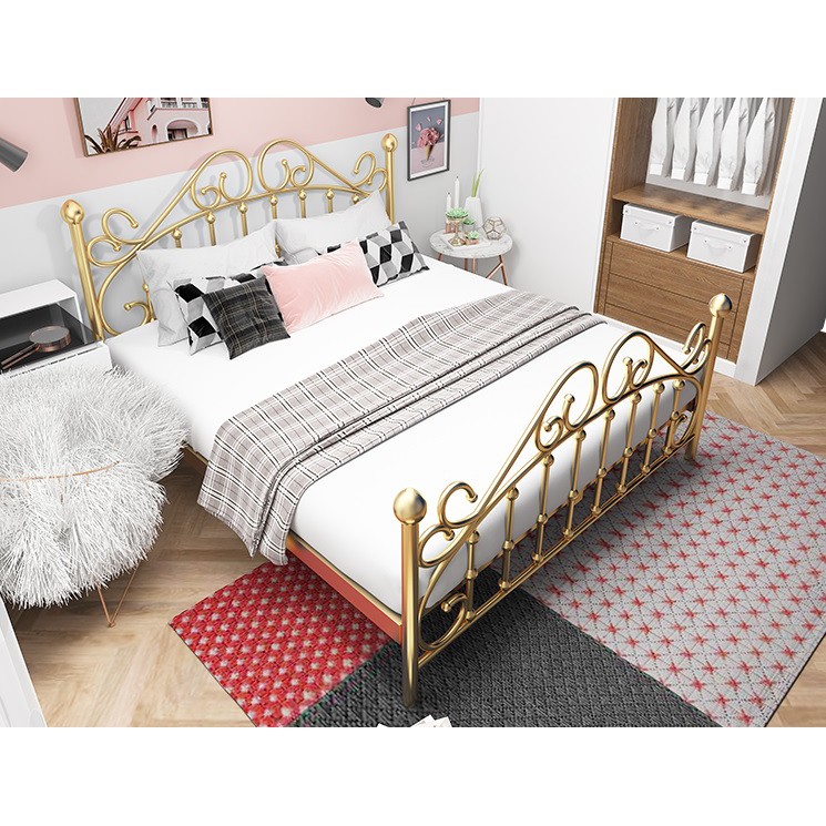 Queen Bed Frame Modern Wrought Iron Bed Frame Gold Coating With Extra