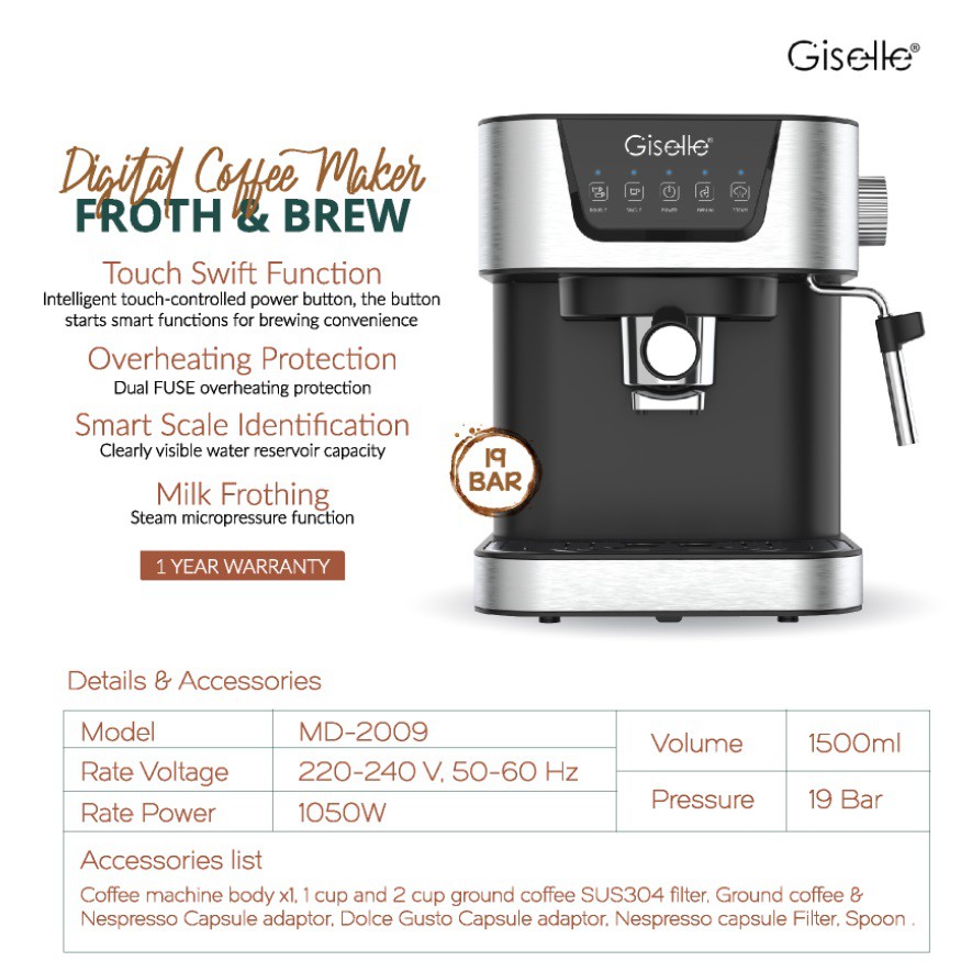 19Bar Giselle Espresso Coffee Milk Bubble Maker Machine with Milk