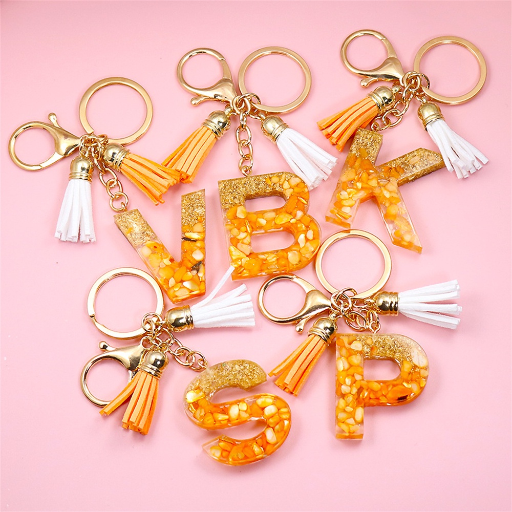 Tassel Gold Foil AZ 26 Letter Pendent Keychain for Women Orange Resin