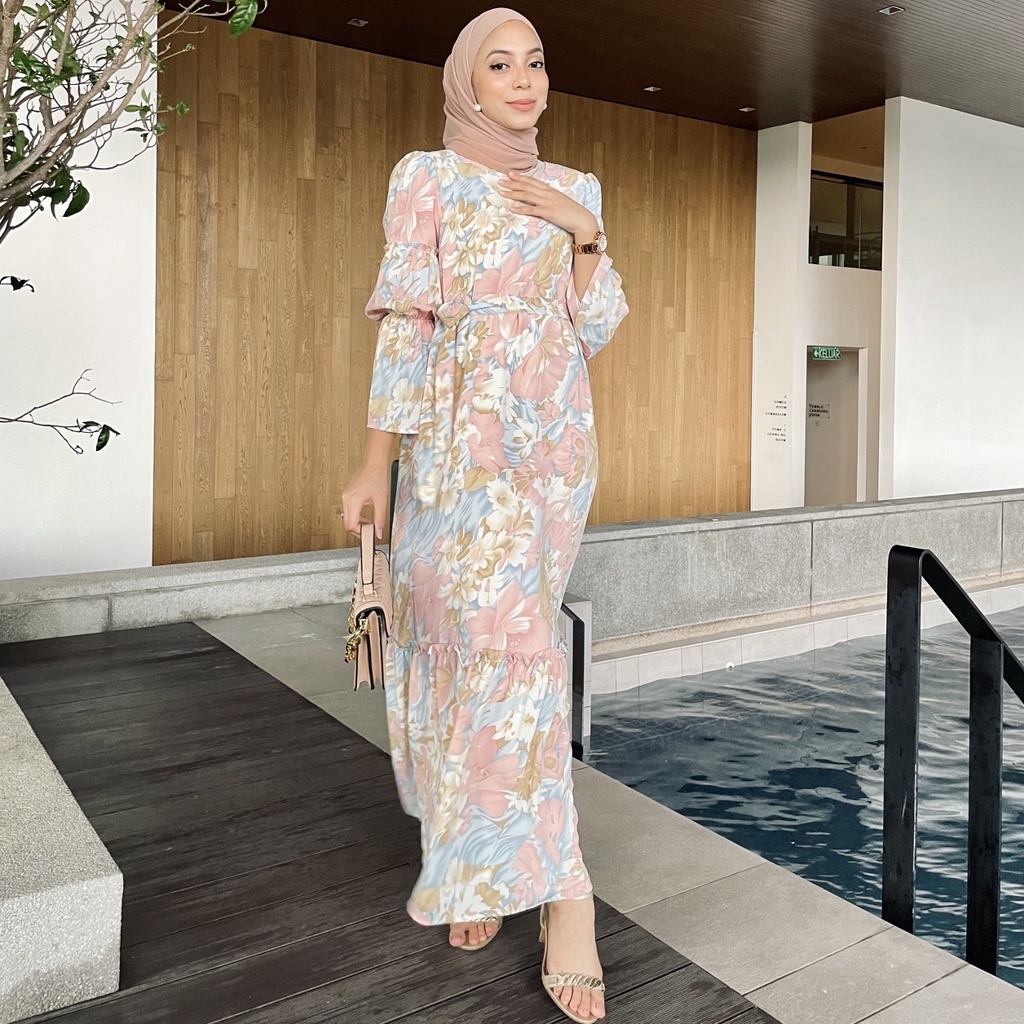 Jubah putih Muslimah Floral abaya dress Moden Floral Ruffle Poet Sleeve