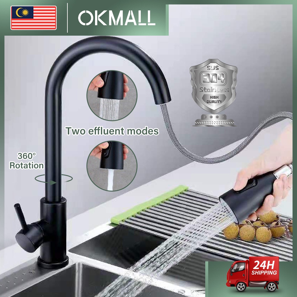 Pull Out Faucet Single Handle 360°Swivel Taps Stainless Steel Kitchen