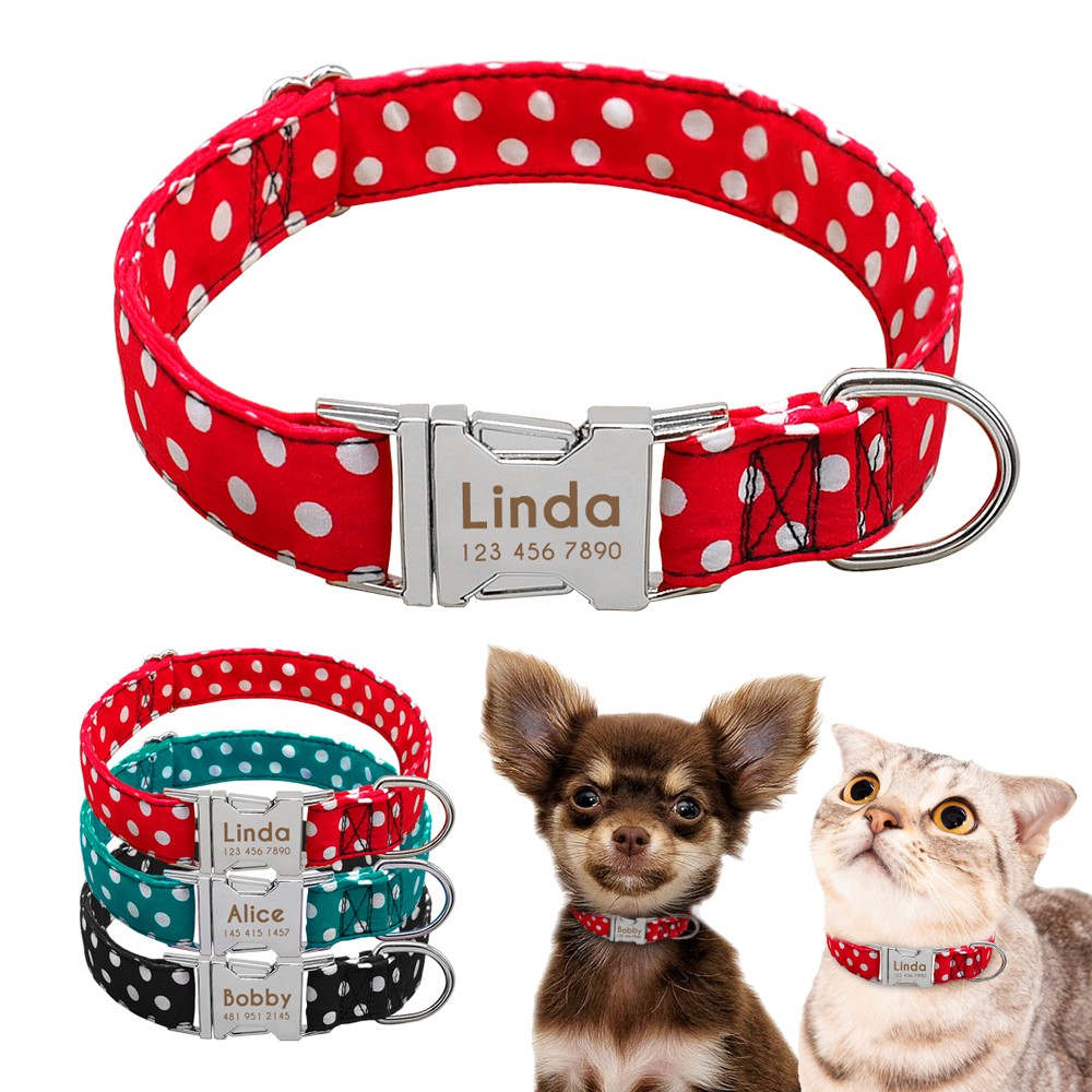 Cute Polka Dot Personalised Dog Collar Metal Buckle Engraved Dog Name