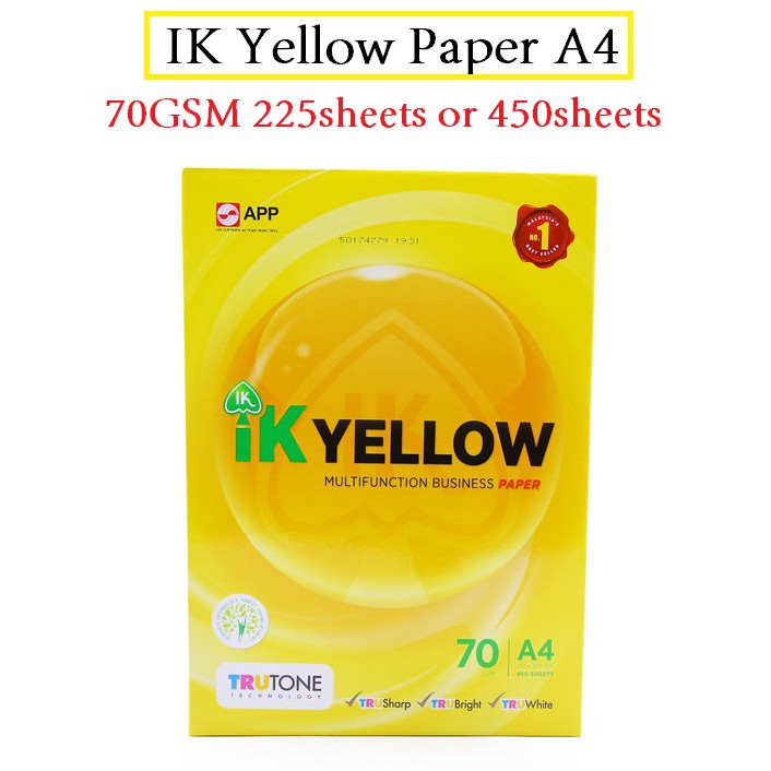 IK YELLOW Paper A4 70GSM 450 sheets or 225 sheets Printing, copy