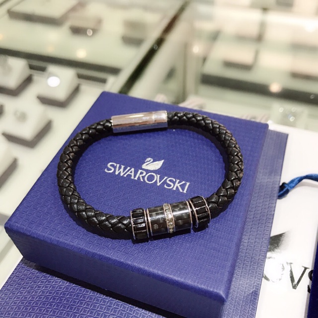 Swarovski men black leather bracelet crystal transfer