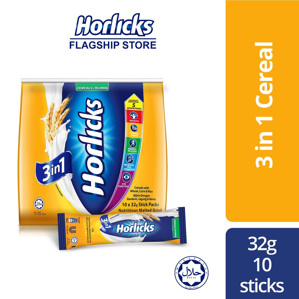 Horlicks 3 in 1 Sachet Pack Cereal Powdered Malt Drink (10 x 32g