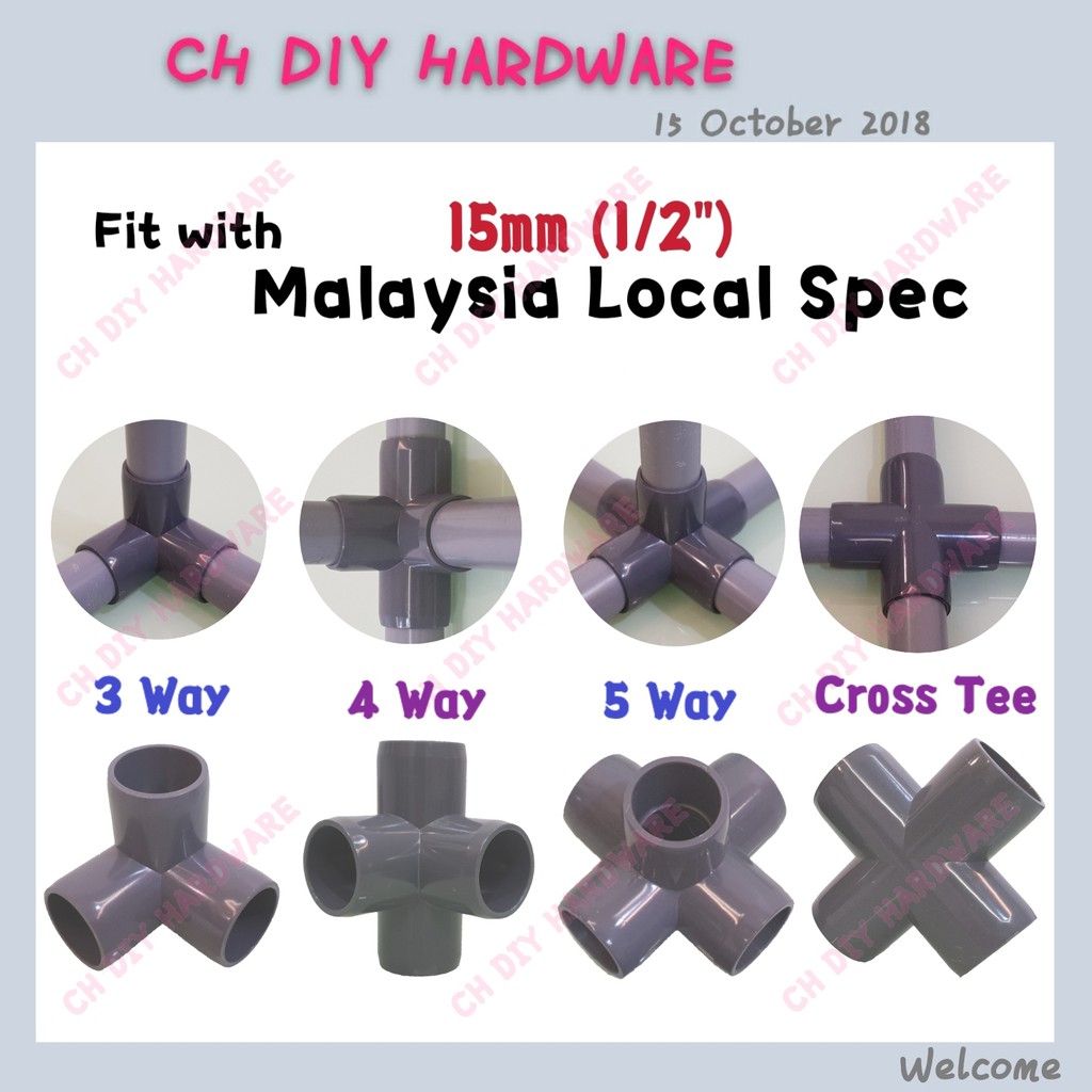 MALAYSIA SPEC 15MM (1/2") PVC PIPE FITTING 3WAY, 4WAY, 5WAY, CROSS TEE