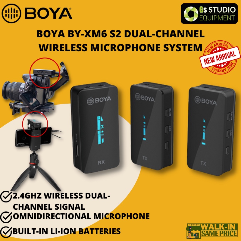BOYA BYXM6 S2 DualChannel Wireless Microphone System (100M) with Lavalier Mini Mic 2.4GHz
