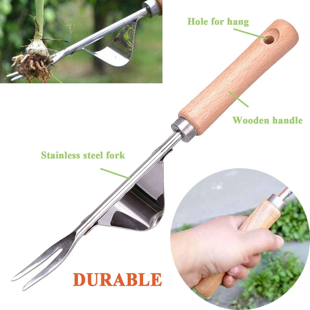 Weeds Remover Manual Weeder Fork Stainless Steel Hand Wood Handle