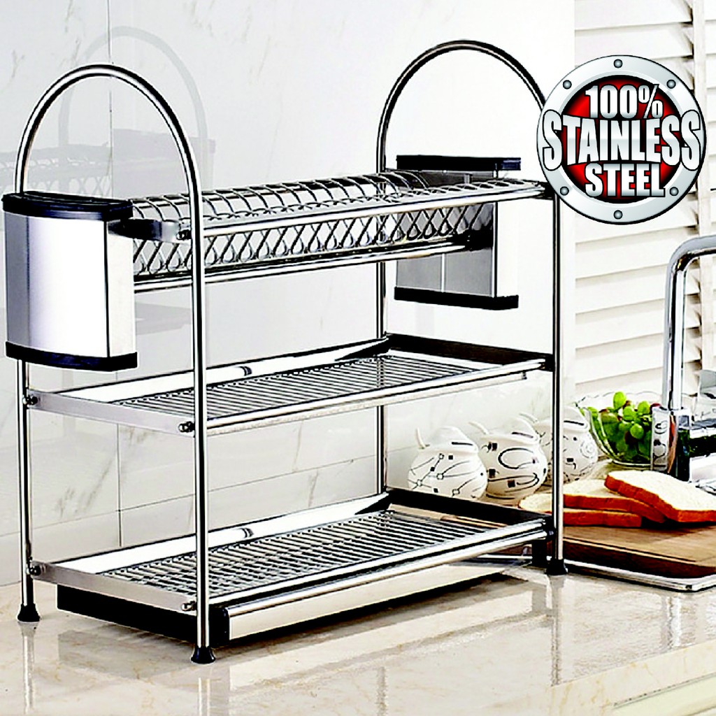 Hot Item Stainless Steel 3 Tier Dish Rack Utensil Holder And Knife