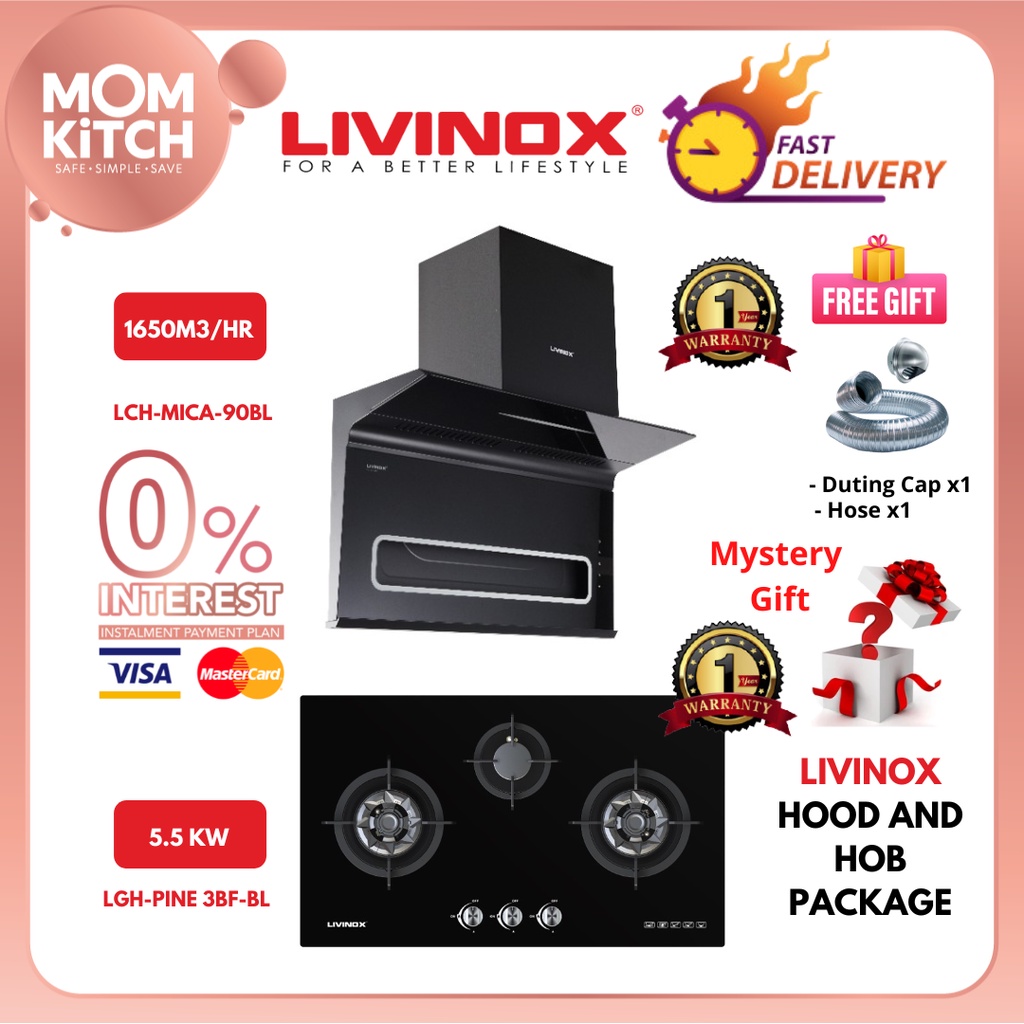 LIVINOX L Shape Hood Asap Machine Cooker Hood with 3 Burner Dapur Gas