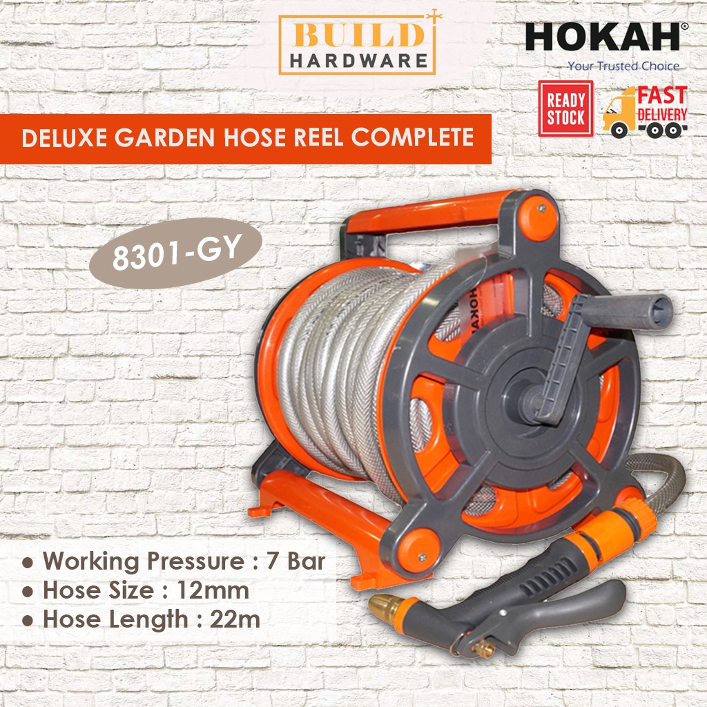 HOKAH Deluxe Garden Hose Reel Complete Set (Grey), 8301GY, 12mm x 22m