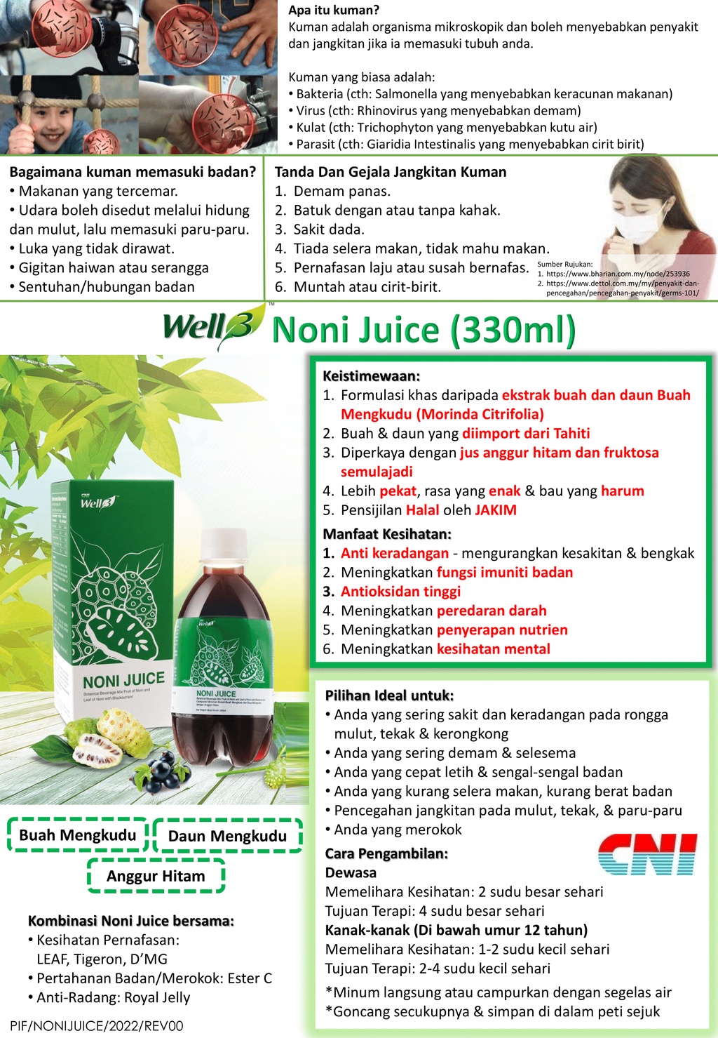 CNI Well3 Noni Juice 330ml (Boost Immune System, High Vitamin C & Great