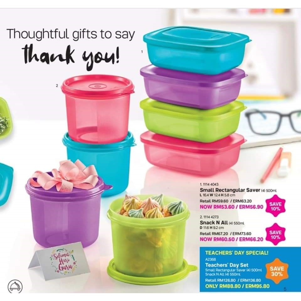 Tupperware Small Rectangular Saver (500ml X 4 Pcs), Snack N All (550ml