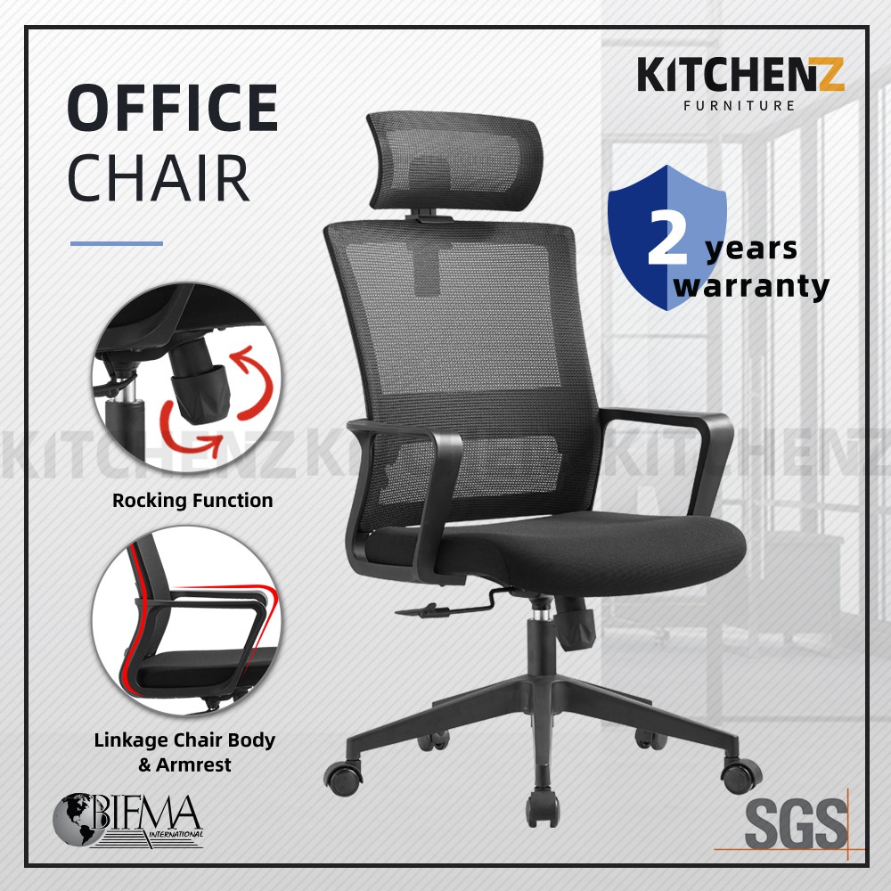 (2 Years Warranty) KitchenZ High Back Mesh Office Chair with Ergonomic