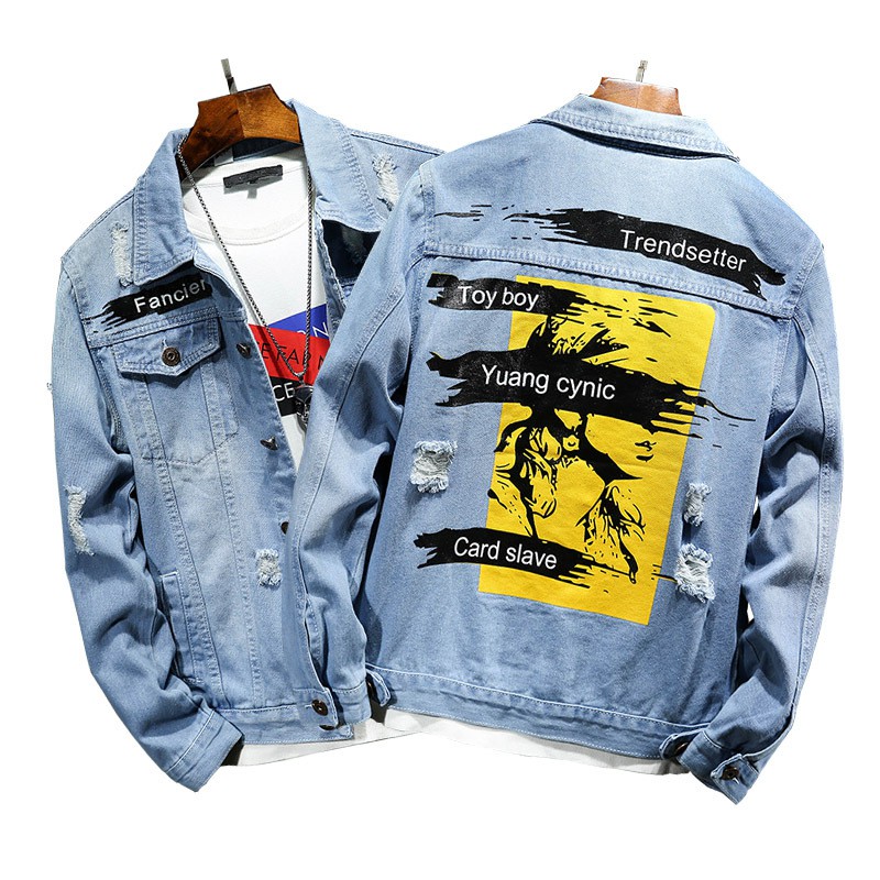 New denim men's printed denim jacket men's European and American