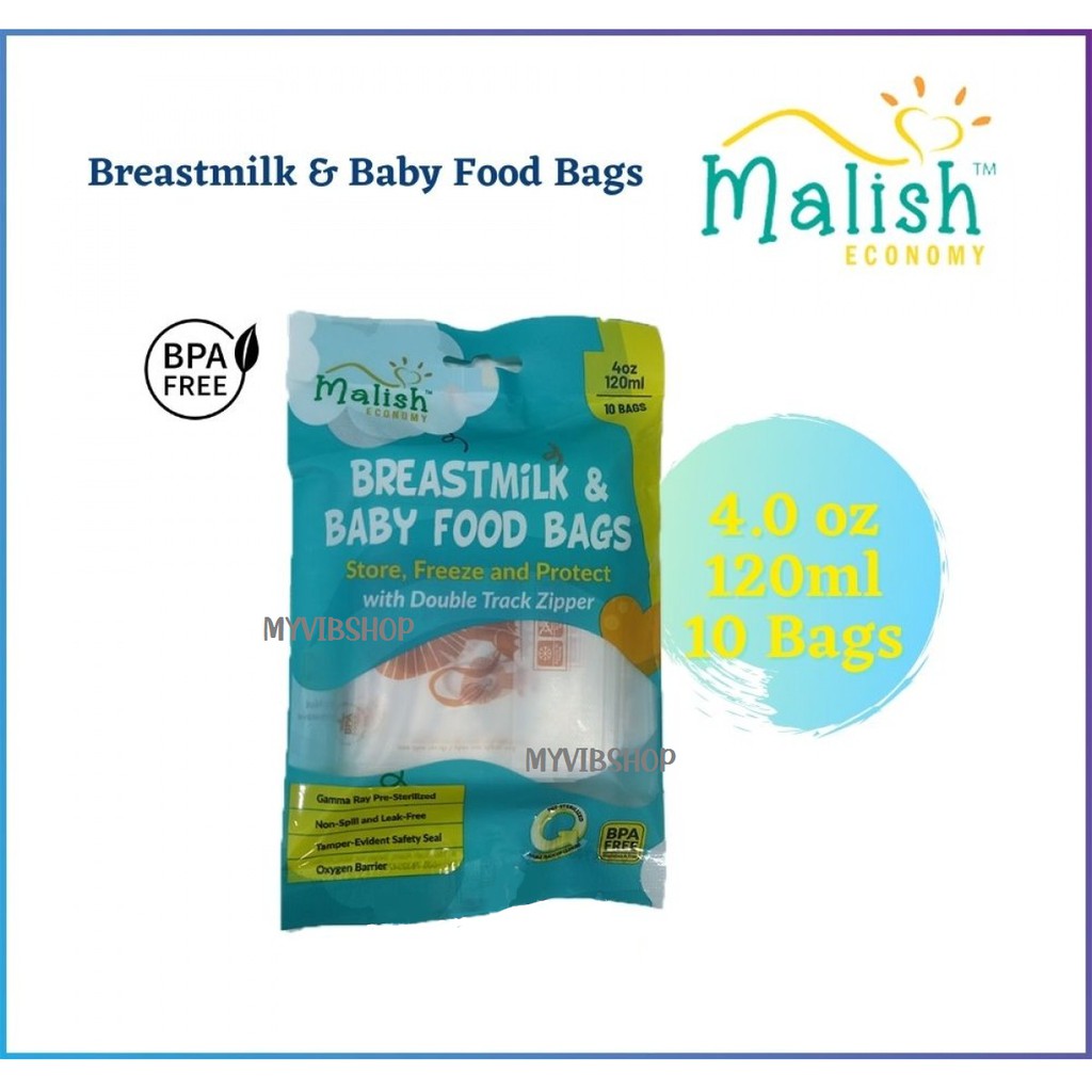 Malish Economy Breastmilk & Baby Food Bags with Double Track Zipper 4oz/120ml (10bags/pack