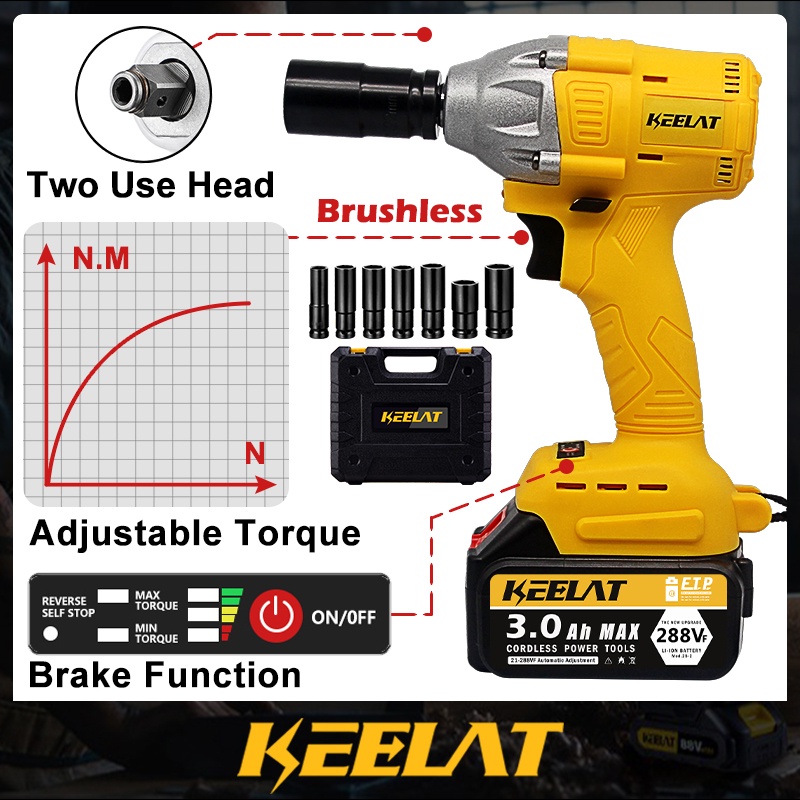 KEELAT 1/2'' Electric Impact Wrench Gun 1/4'' Cordless Brushless Wrench