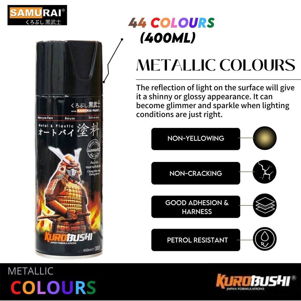Samurai Spray Paint 44 Metallic Colours Motorcycle Aerosol Spray Paint