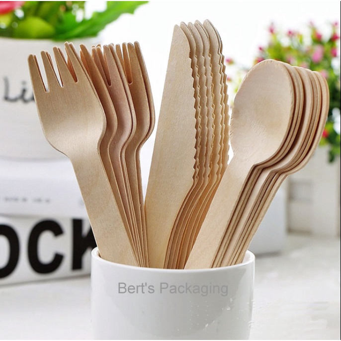 50PCS Disposable Biodegradable Wooden Cutlery 16cm Sudu Kayu 50pc