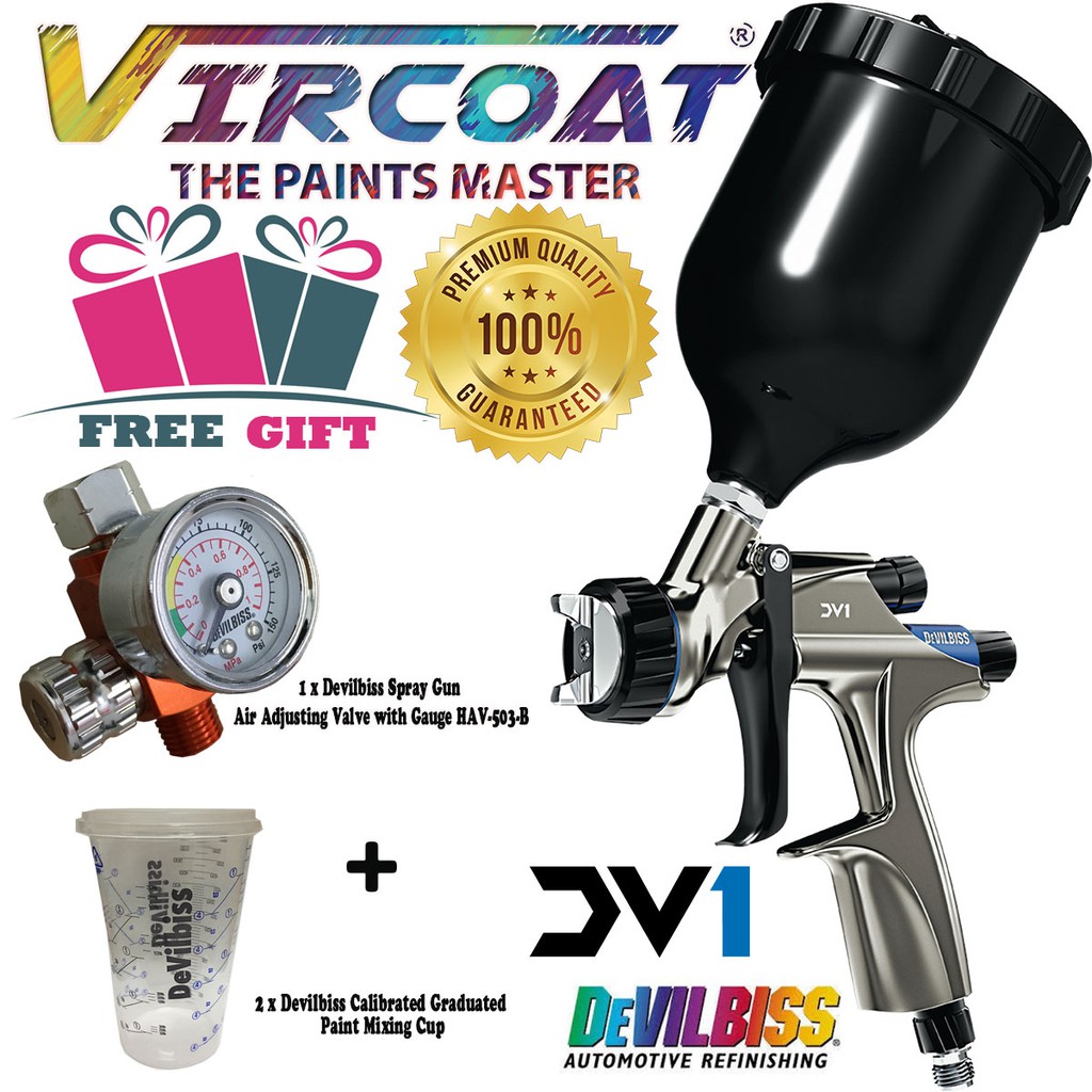 DeVilbiss Basecoat Paint/Clear coat Spray Gun DV1 with DV1B PLUS HVLPPLUS Air Cap Nozzle Size