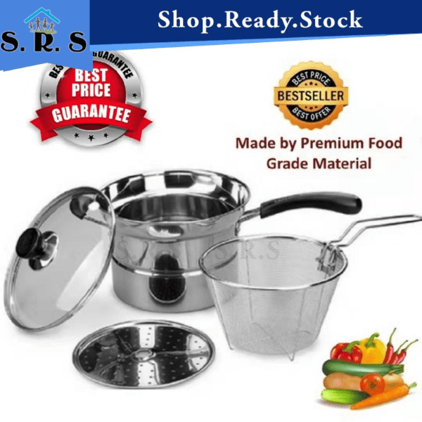 SRS_Stainless Steel Multi Usage Cooking Pot/Deep Fry/Steam/Stew (4 Pcs