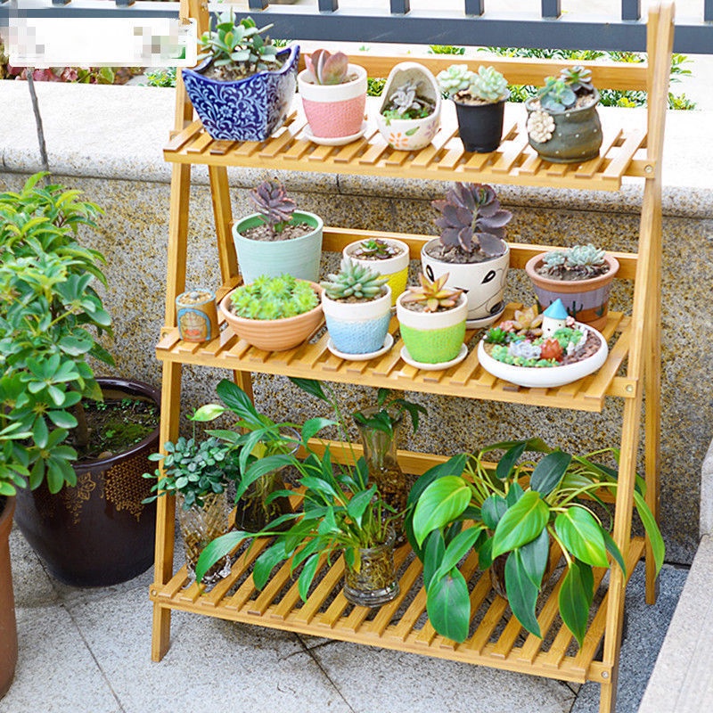 70Cm 3 Layer Bamboo Wood Ladder Plant Foldable Flower Display Shelf
