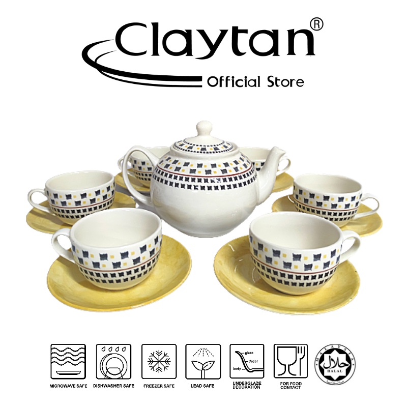Claytan 14 PCS Tea Set (6 Pax) Lead Safe Ceramic Tableware Cup Teapot