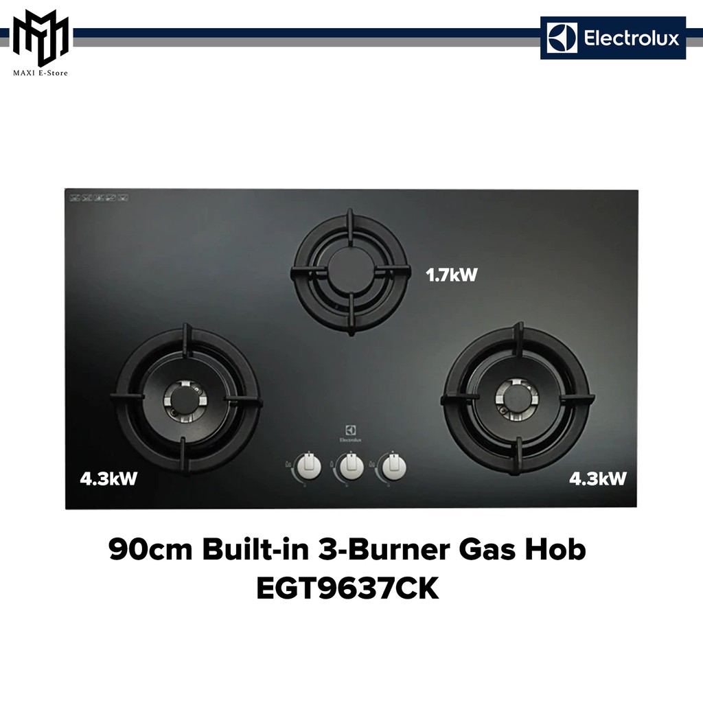Electrolux Built In 3 Burner Glass Gas Hob (4.3 kW/90 cm) EGT9637CK