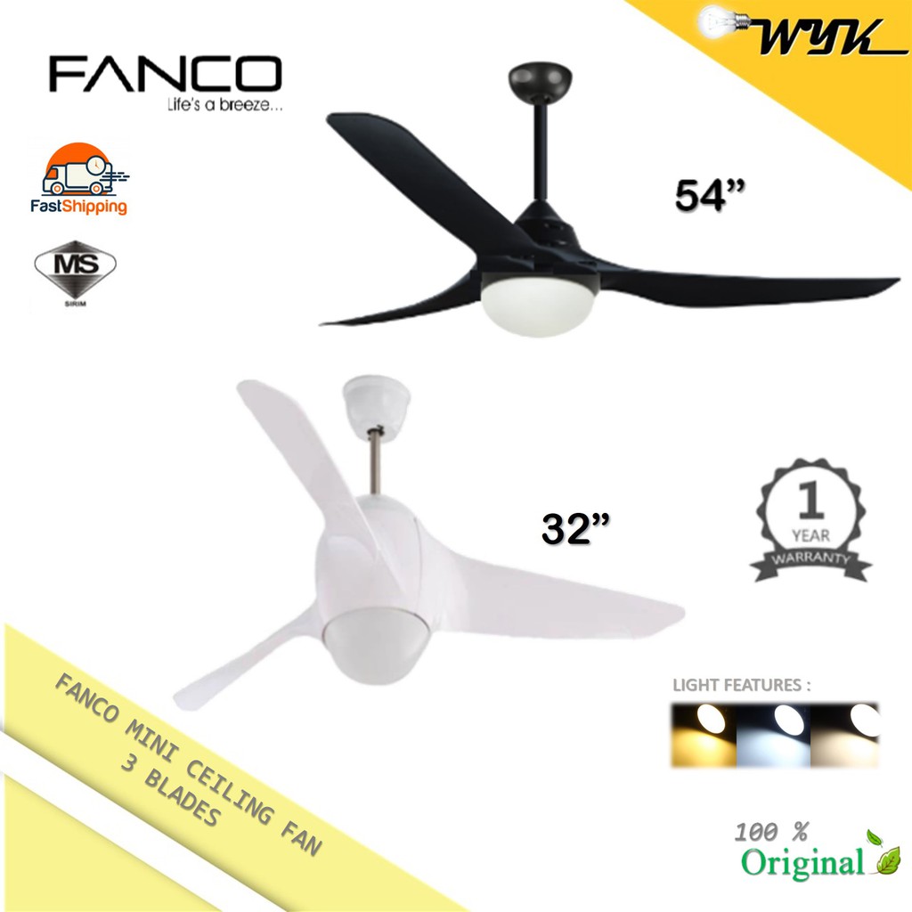 Fanco 32"/54" 3 Blades Ceiling Baby Mini Fan with LED Light M1WH