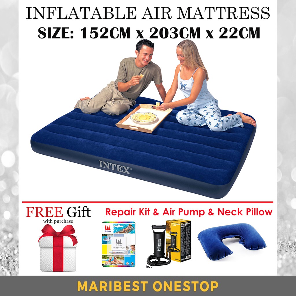 INTEX 68759 INFLATABLE AIR MATTRESS OUTDOOR QUEEN SIZE BED WITH FREE R. KIT, HAND PUMP & PILLOW