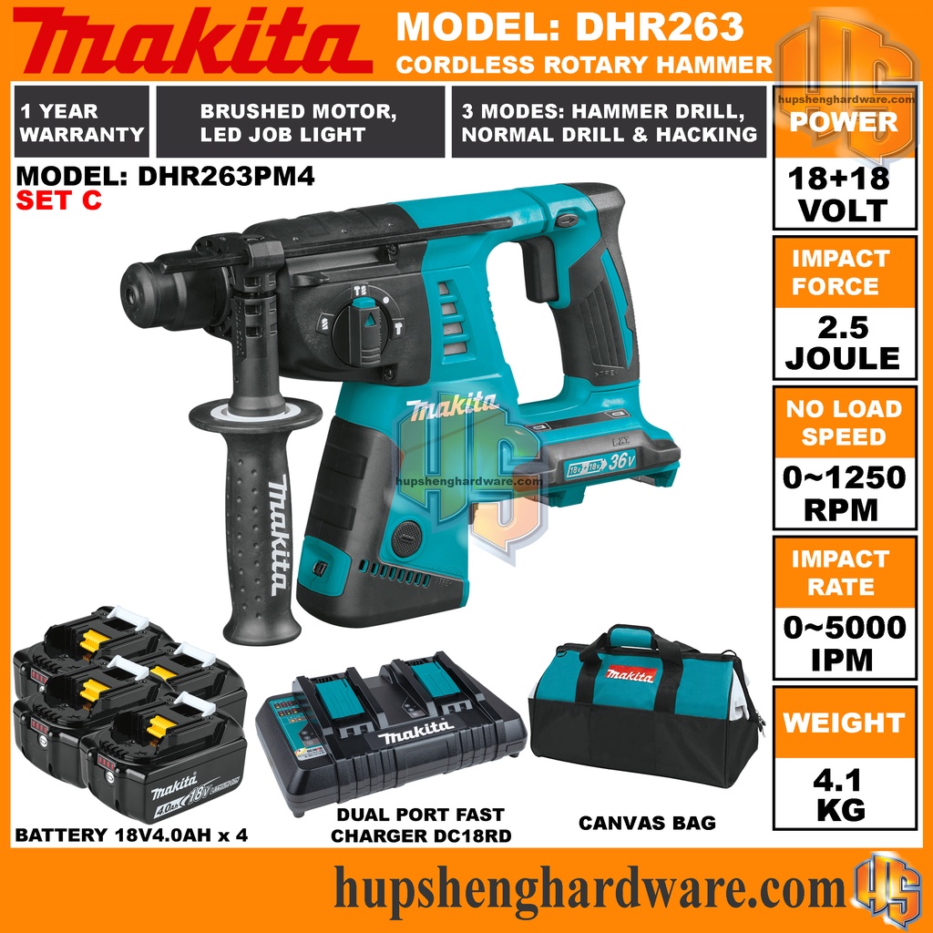 Makita DHR263 Cordless Rotary Hammer Concrete Drill 3 Functions Battery