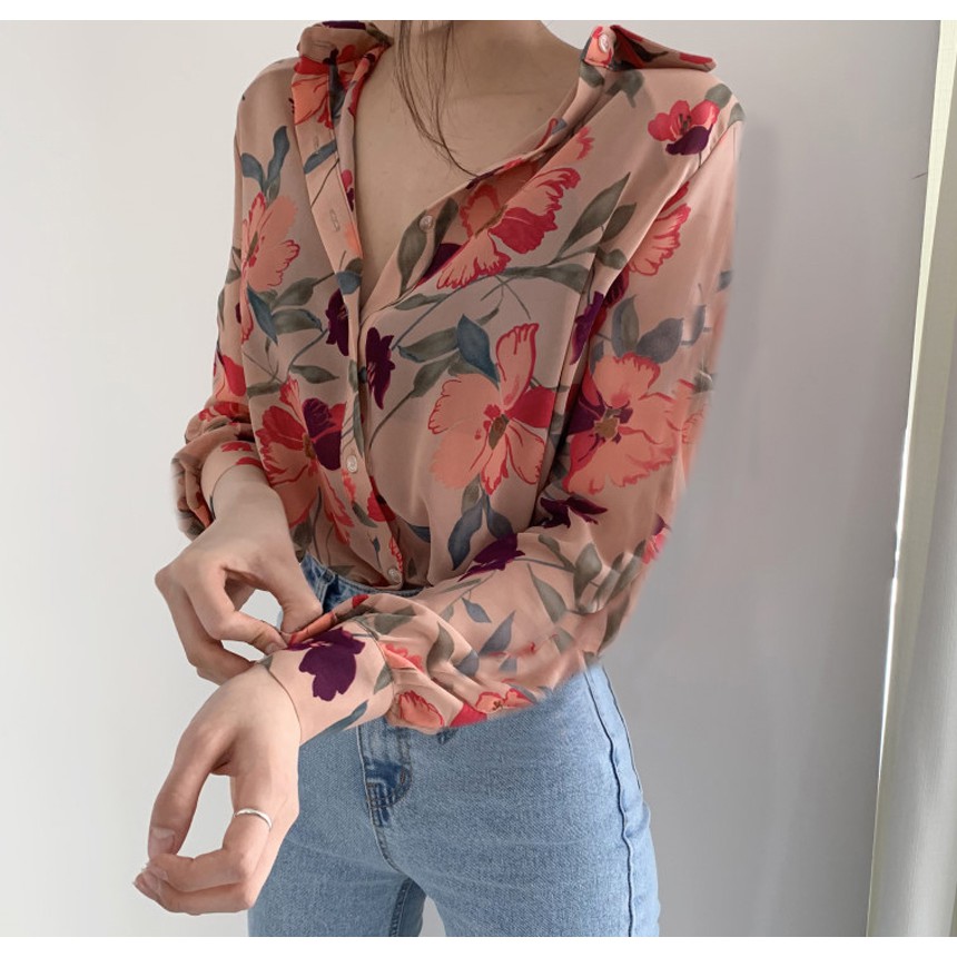 Fashion Women Shirt Floral Printed Blouses Chiffon Blouse Korea Tops