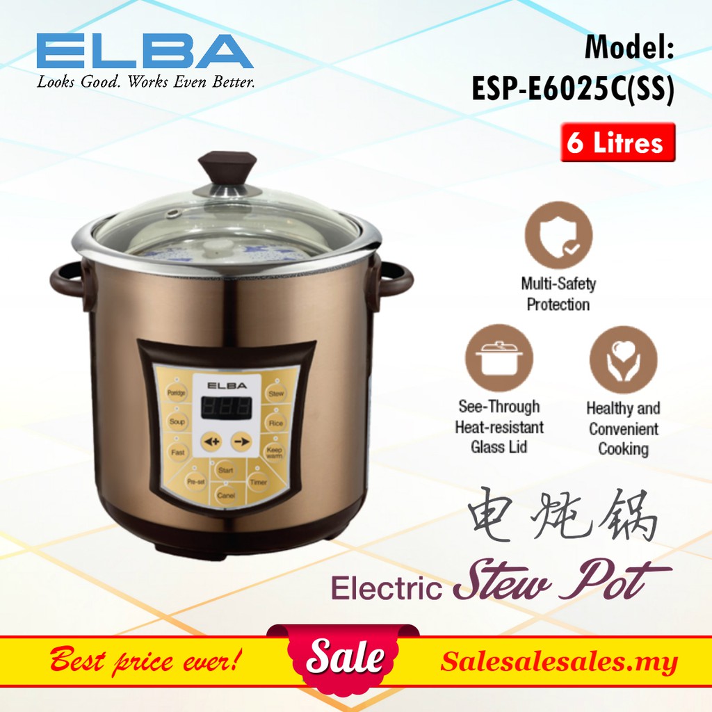ELBA ESPE6025C(SS) Electric Stew Pot (Double Boiler) with 1 Ceramic Pot Shopee Malaysia
